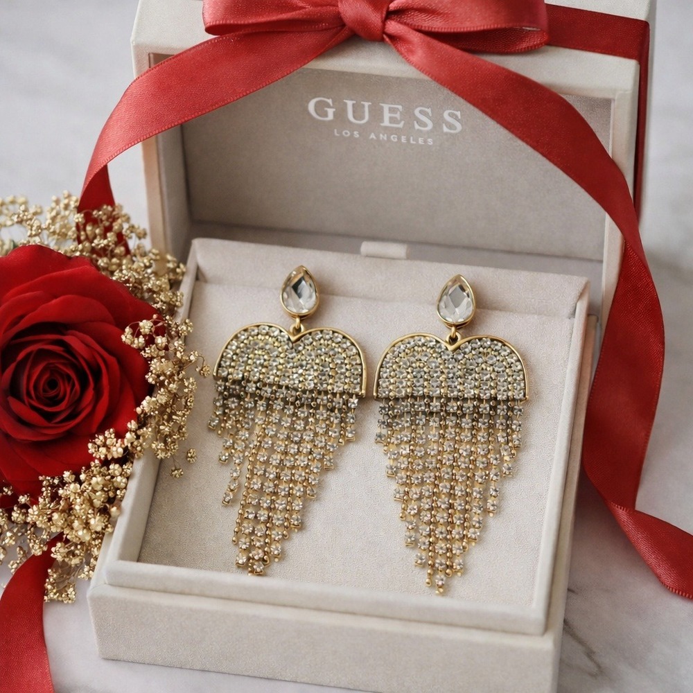 Guess Gold Tone Crystal Heart Fringe Tassel Chandelier Statement Earrings Boxed